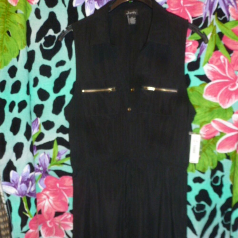 Sexy Sleeveless Elastic waist Mini Shirt- dress with zippered chest pockets XL